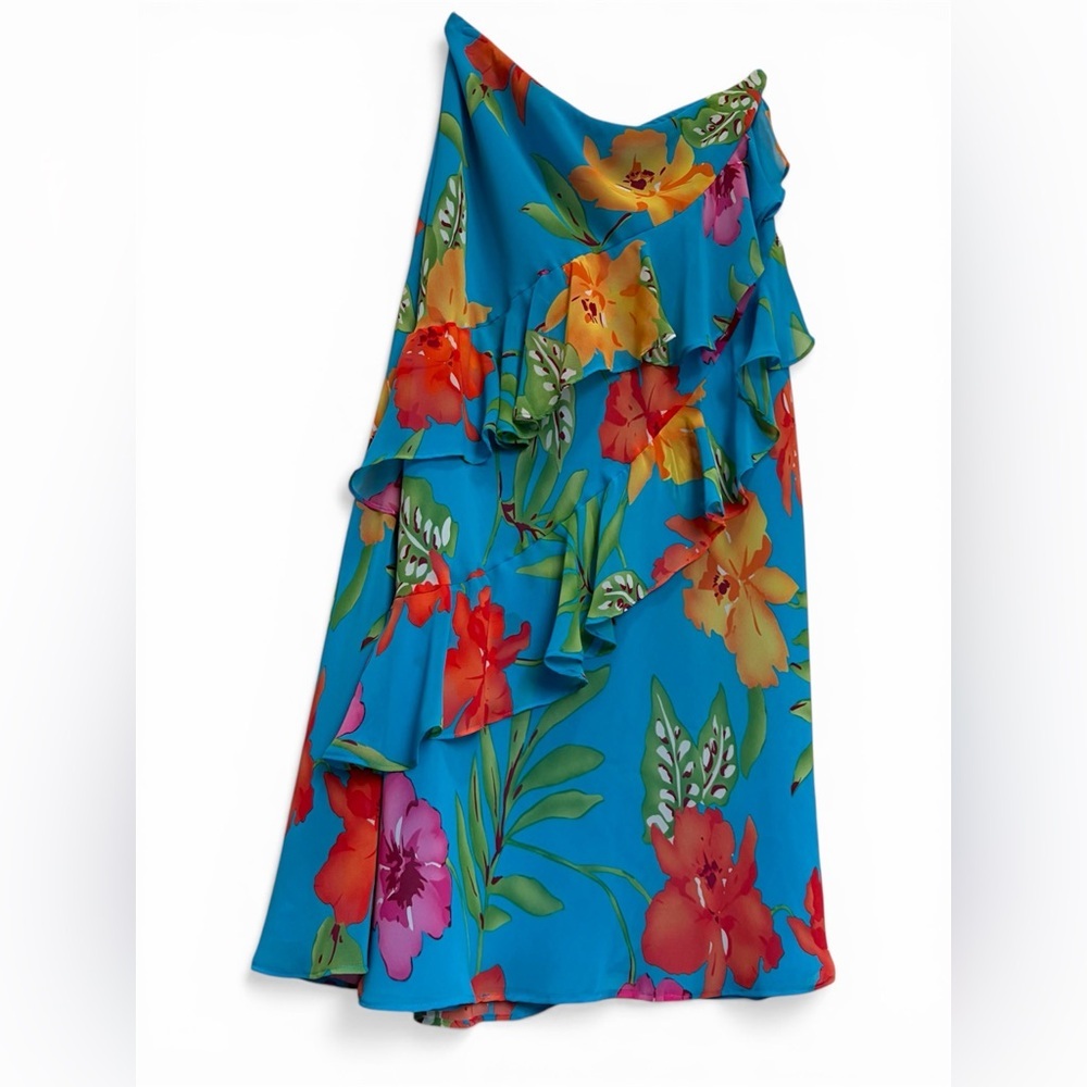 Chaps Vibrant Blue Tropical Ruffle midi Skirt Sz small